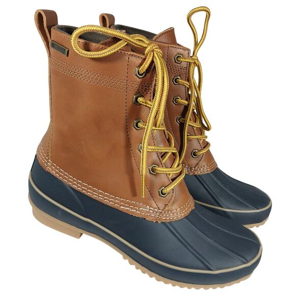 NWOT! G.H. BASS! NAVY/TAN CLASSIC DUCK BOOTS, GENUINE LEATHER, RUBBER SOLE! SZ 7 - Picture 1 of 10